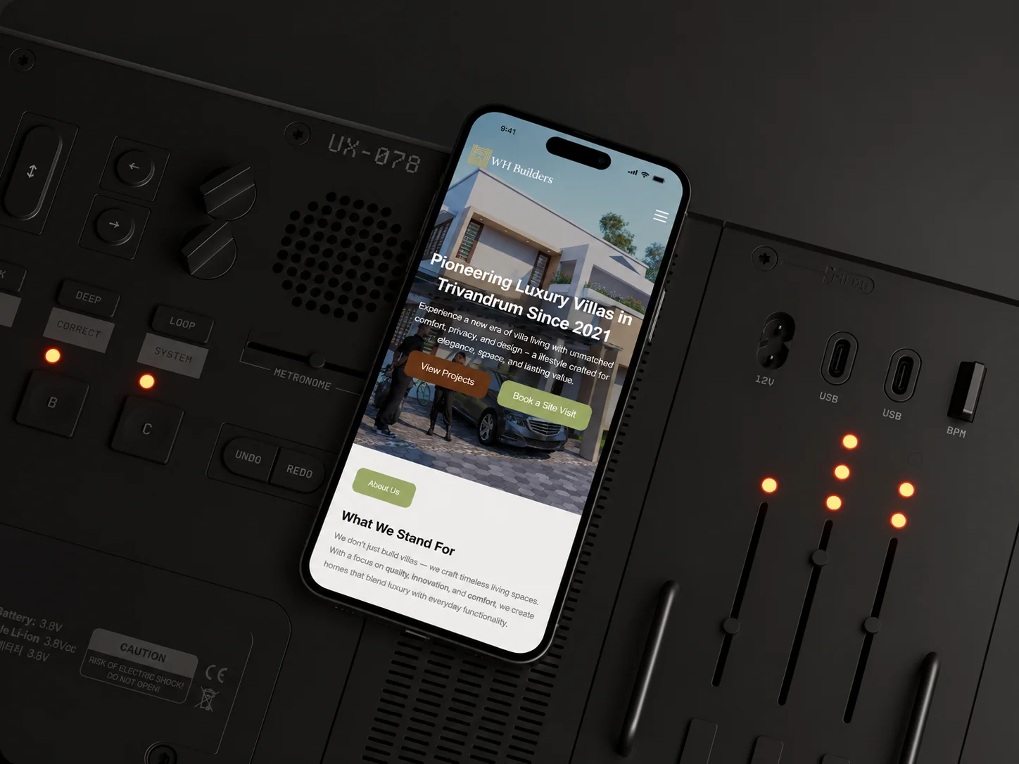 WH Builders website on a phone: a luxury villa under the headline Pioneering Luxury Villas in Trivandrum Since 2021